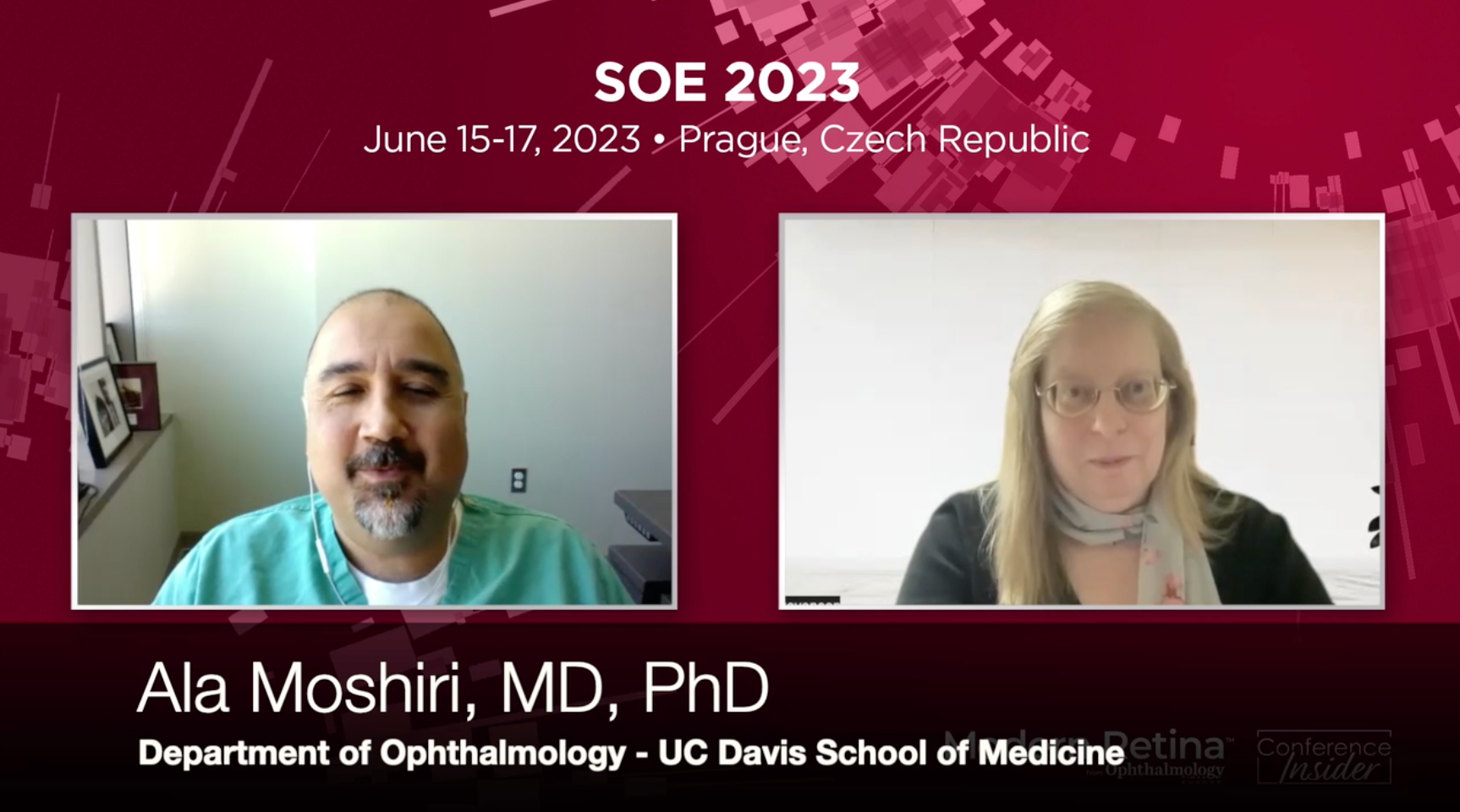 Via video chat, Ala Moshiri, MD, PhD, provides an overview of current treatment options for diabetic macular edema, appearing virtually next to Sheryl Stevenson